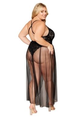 LACE TEDDY &amp; SKIRT BLK PLUS