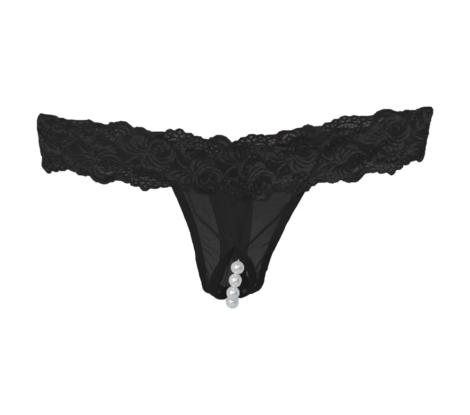 LACE CROTCHLESS PEARL PANTY PLUS, Color: BLACK