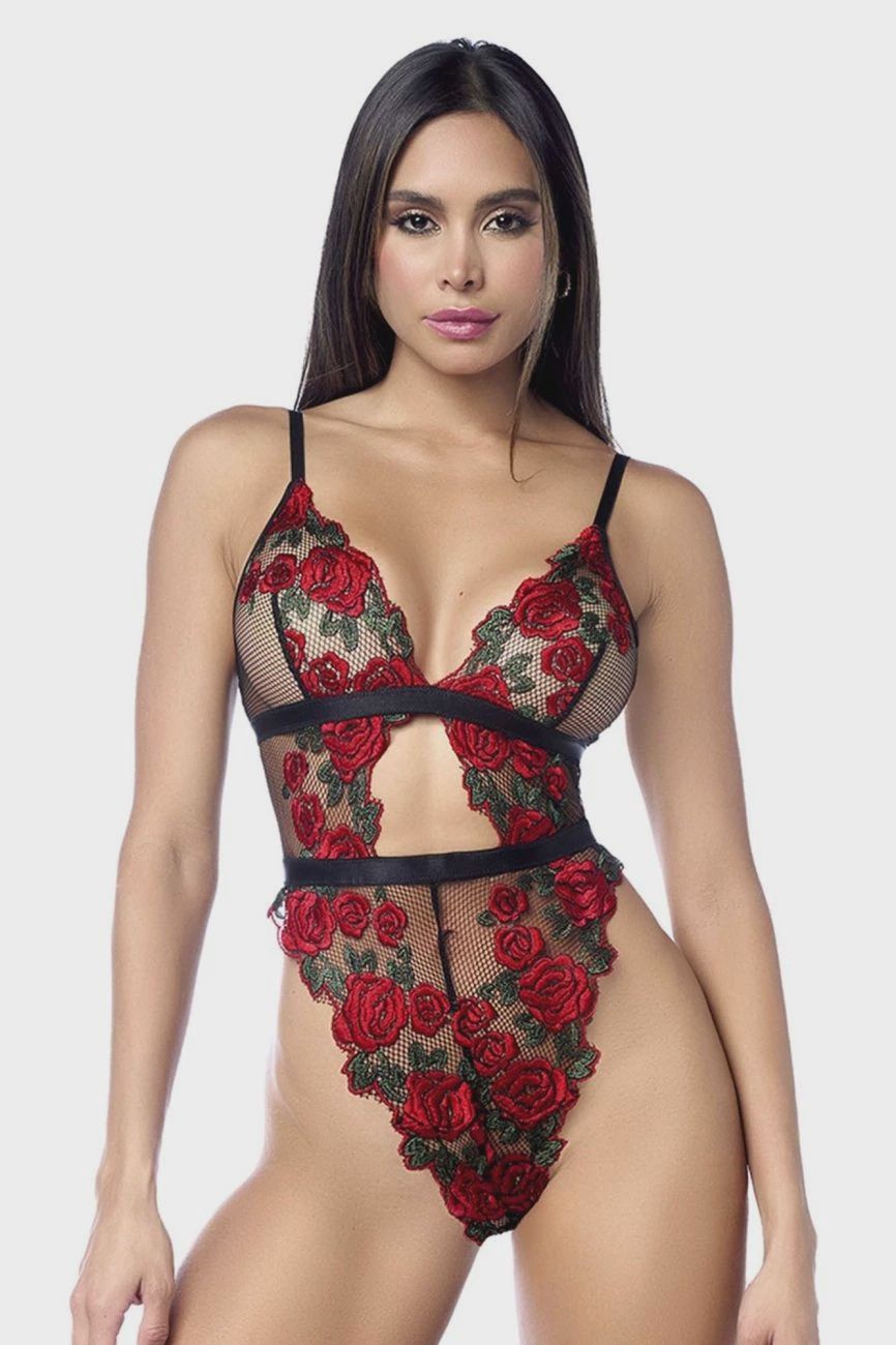 ROSE EMBROIDERED MESH TEDDY, Size: SMALL/MEDIUM