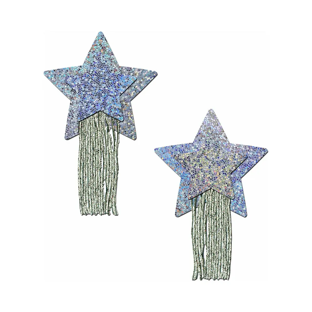 PASTEASE STAR PASTIES SIL GLITTER W/FRINGE