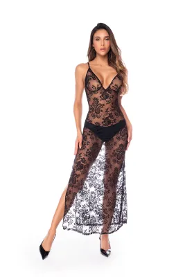 PLUNGING NECKLING SHEER LACE DRESS