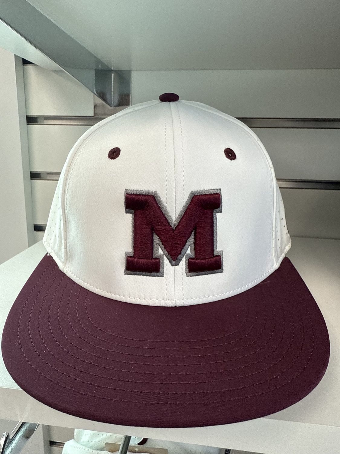 White Fitted Baseball Hats (w/Maroon bill)*, Size: Small