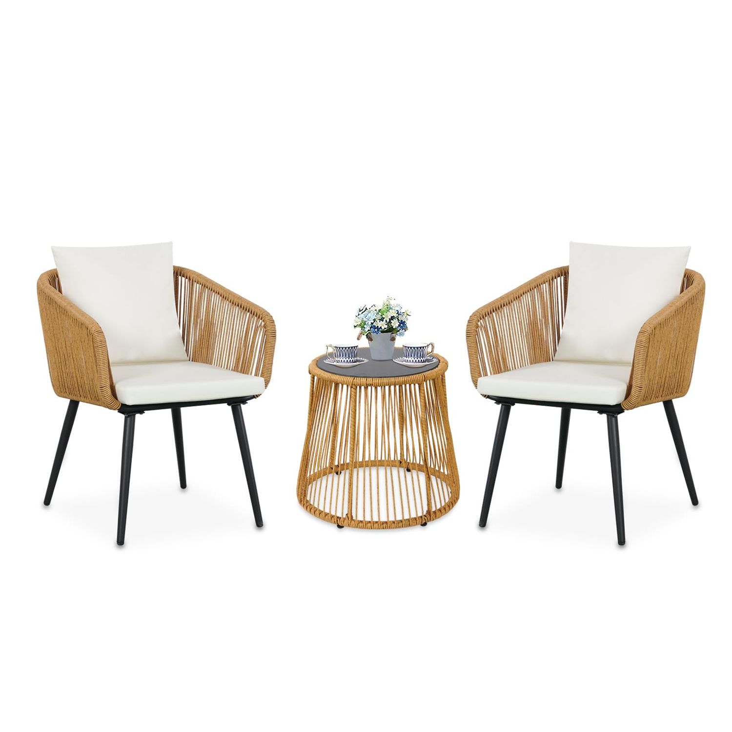 3-Piece Patio Bistro Set (Wicker, Round Glass Table, White)