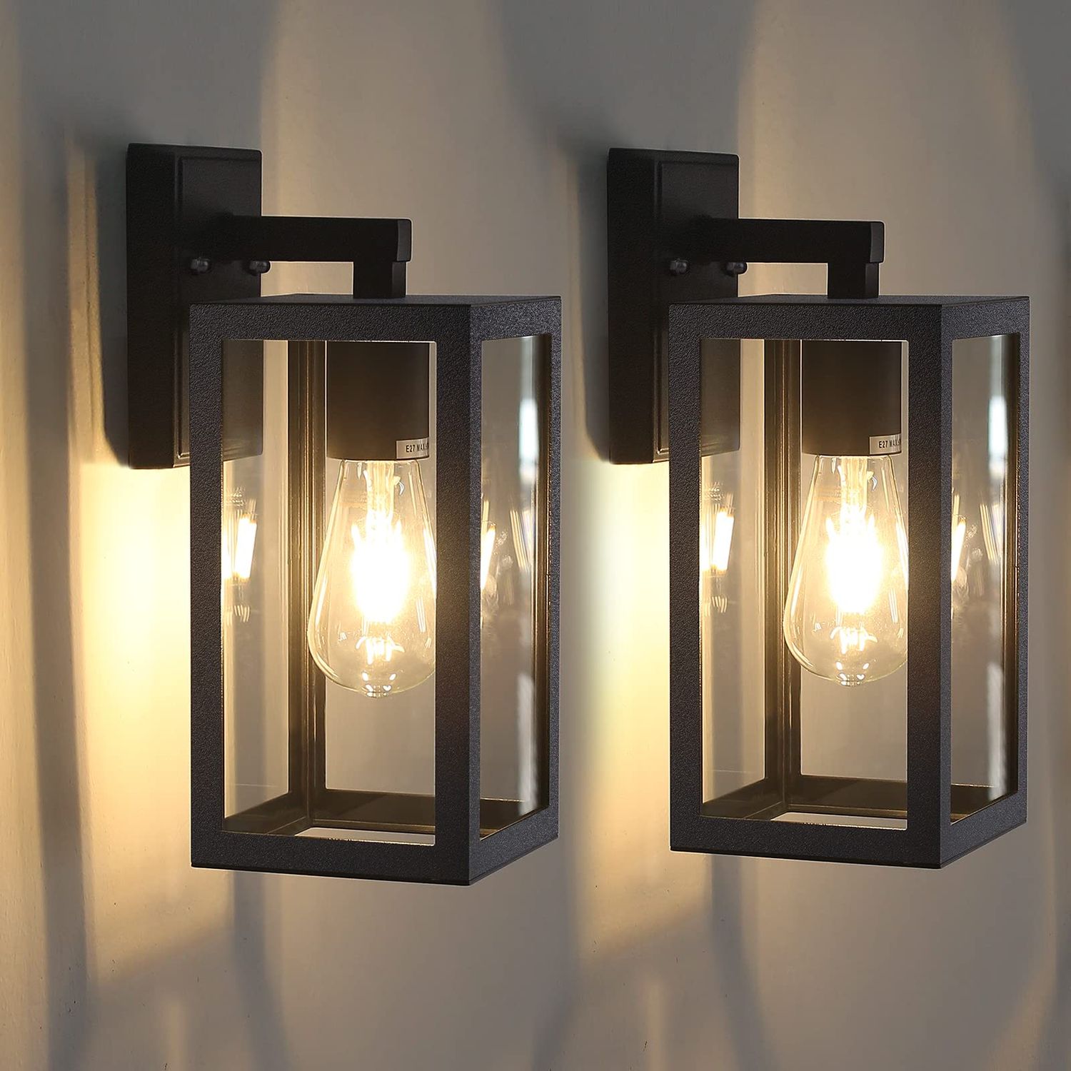 Outdoor Wall Lanterns 2-Pack (Black, Glass Shade)