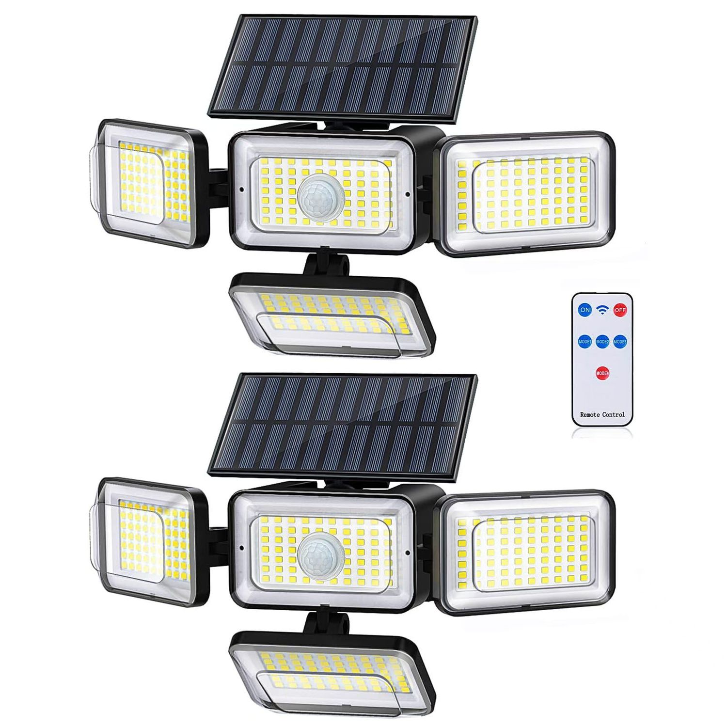 Solar Flood Lights 2-Pack (4 Heads, Remote, IP65)
