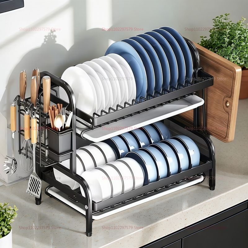 2025 new Two-Tier Compact Dish Drying Rack with Draining Board and Utensil Holder Large Rust-Proof Kitchen Dish Drainer