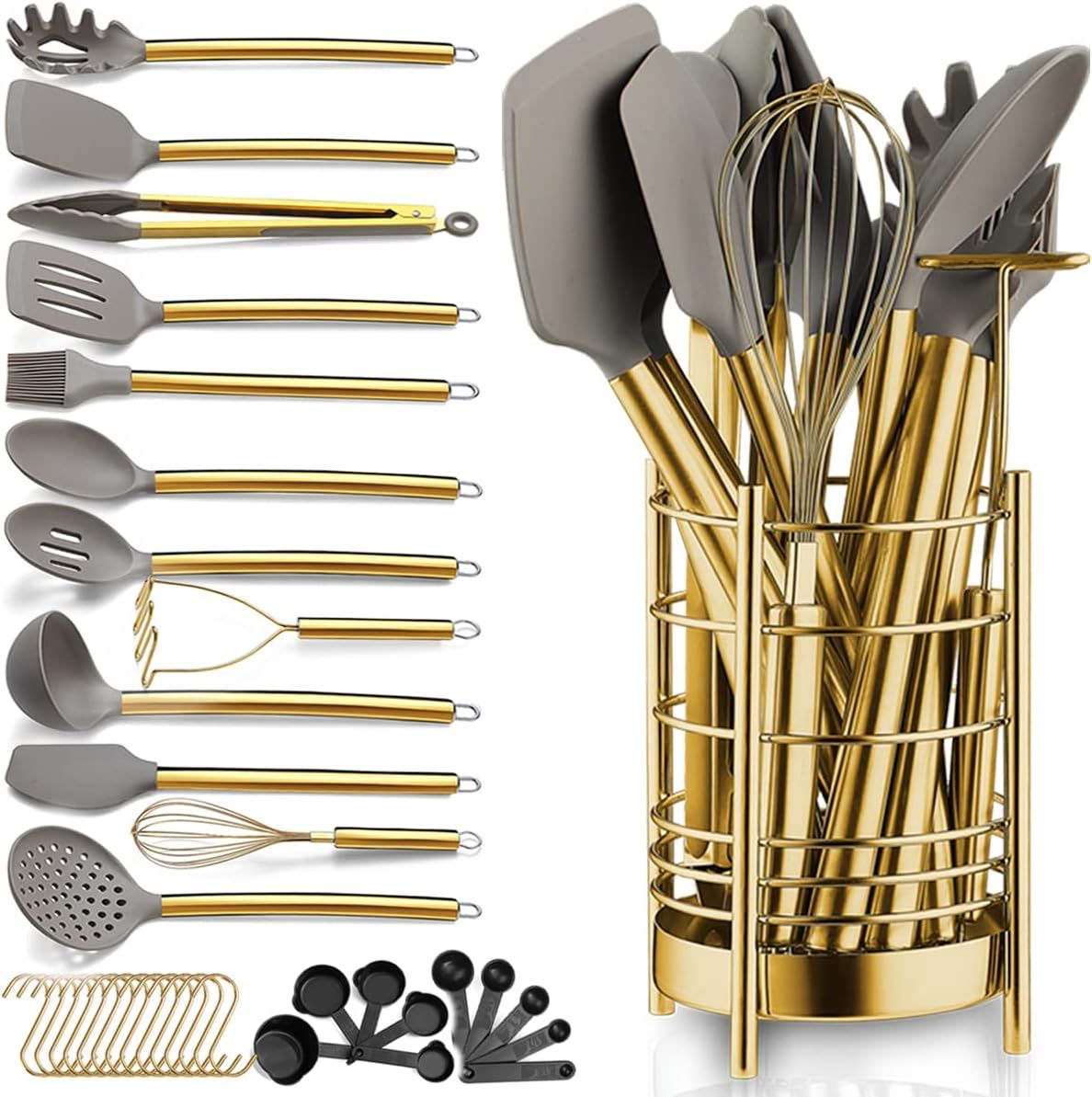Gold Kitchen Utensils Set, 38 Pieces Non-stick Silicone Cooking Tools Spoon Spatula Set With Sturdy Stainless Steel Utensil Hold