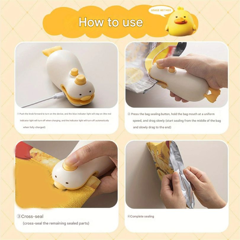 Cute Duck Vacuum Rechargeable Bag Sealer for Freshness Portable Easy Use Kitchen Gadget 2 in 1 Mini