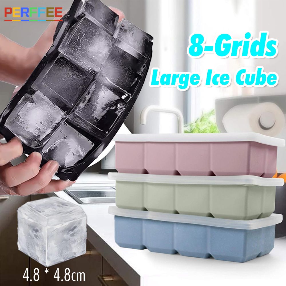 8 Grids Large Ice Cube Tray with Lid Food Grade Silicone Rubber Colorful Square Ice Cube Mold For Cocktail Iced Coffee Kitchen