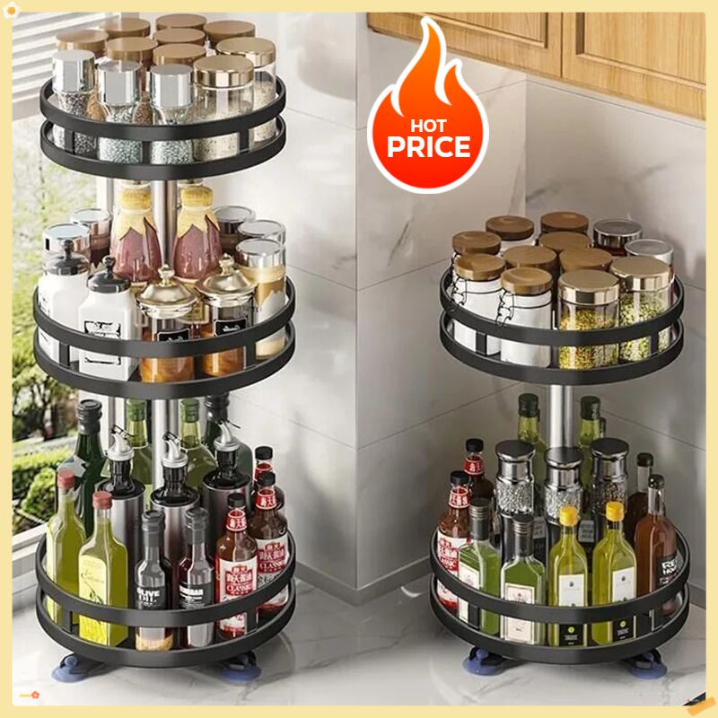 360°Rotation Spice Rack Organizer Jar Cans For Kitchen Accessories Non-Skid Carbon Steel Storage Tray For Seasonings And Spices