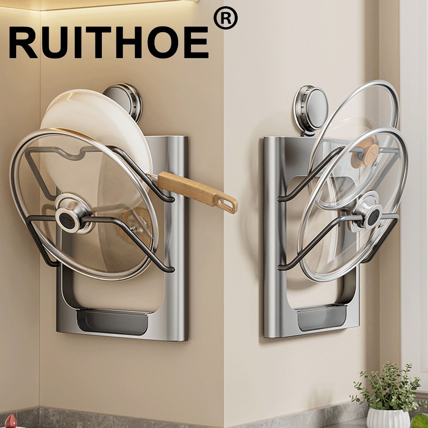 Kitchen Organizer Rack Wall Hanging Pot Cover Rack 2-Layer Pot Lid Metal Rust-Free Multifunctional Rack Pot Lid Storage Rack