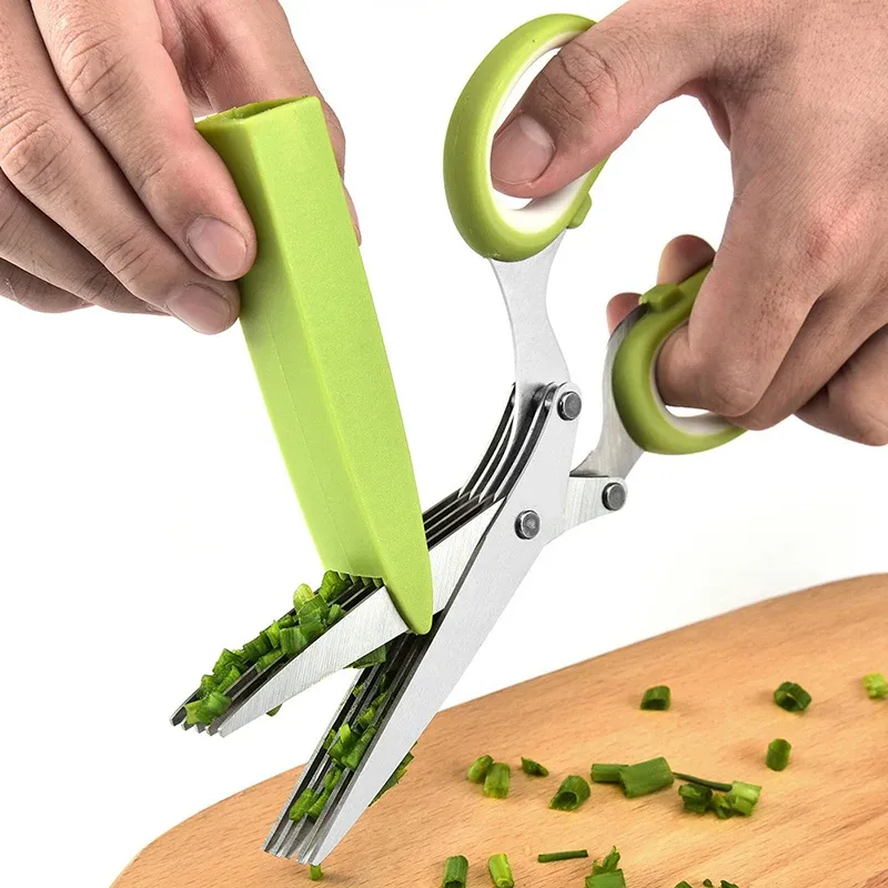 Multi-Layer Stainless Steel Kitchen Scissors – Green Onion &amp; Herb Shears with Safety Cover for Vegetables and Meat kichen tool
