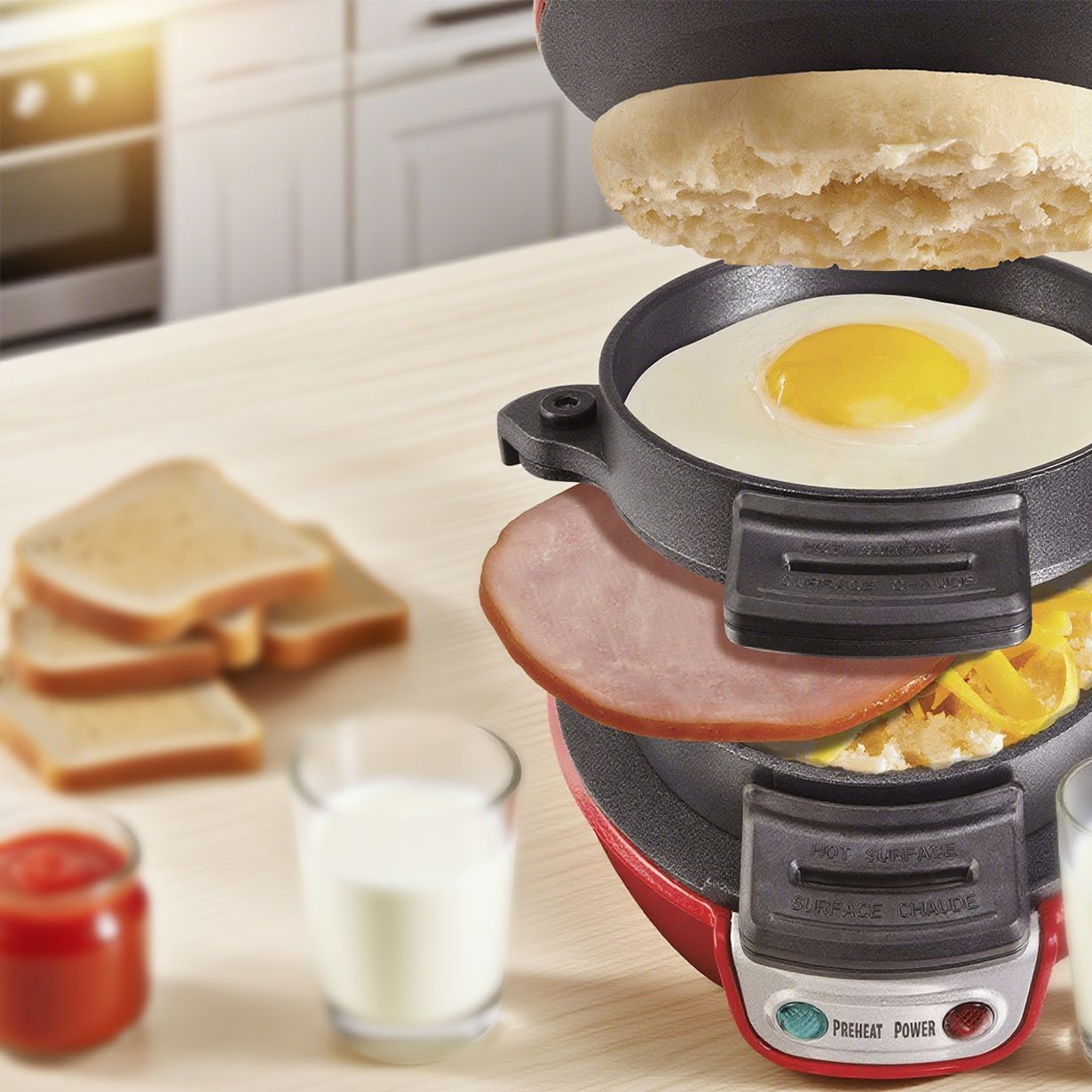 Breakfast Sandwich Maker with Egg Cooker Ring, Customize Ingredients, Perfect for English Muffins, Croissants, Mini Waffles