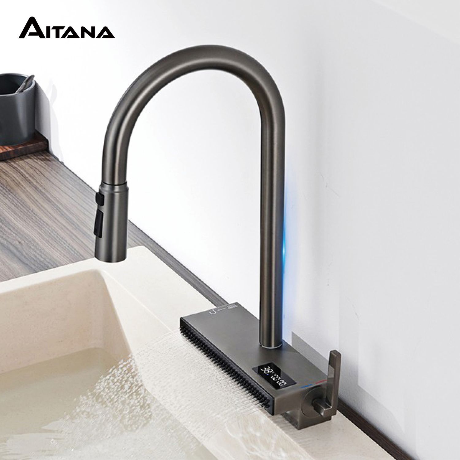 Luxury Gunmetal Brass LED Digital Display Kitchen Faucet 1 Hole Pull-out with 2 Modes Ceramic Valve Core Hot&amp;cold Water Sink Tap