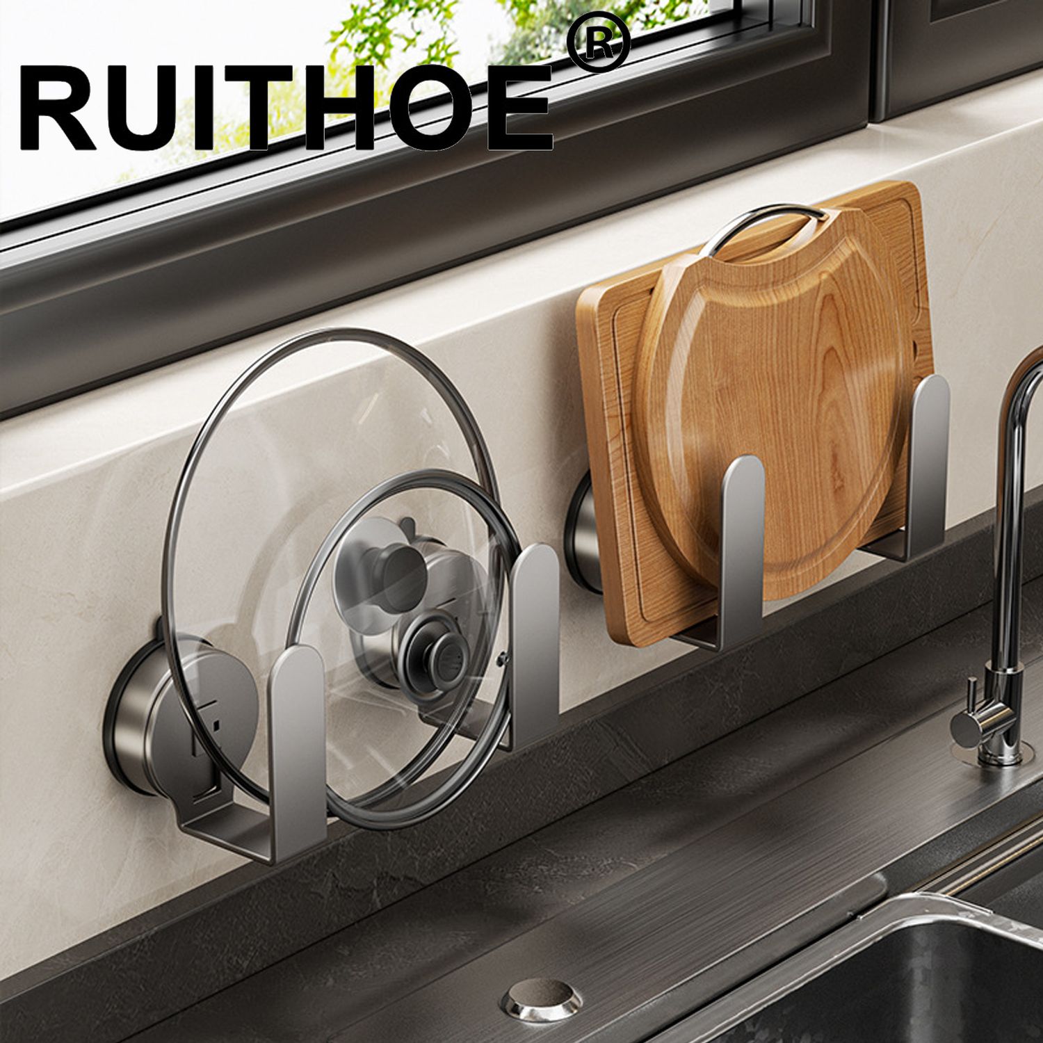 Punch-free Wall-mounted Chopping Board Storage Rack Kitchen Wall Drain Rack Multi-purpose Strong Hook Suction Cup Pot Lid Rack