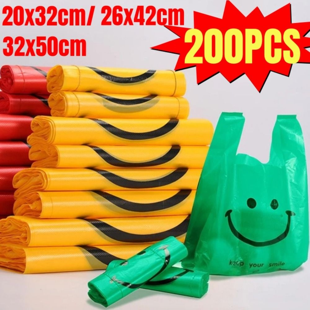 200-50Pcs Plastic Shopping Bags with Handle  3 Sizes Supermarket Shopping Convenient Reusable Bag Kitchen Storage Plastic Bag