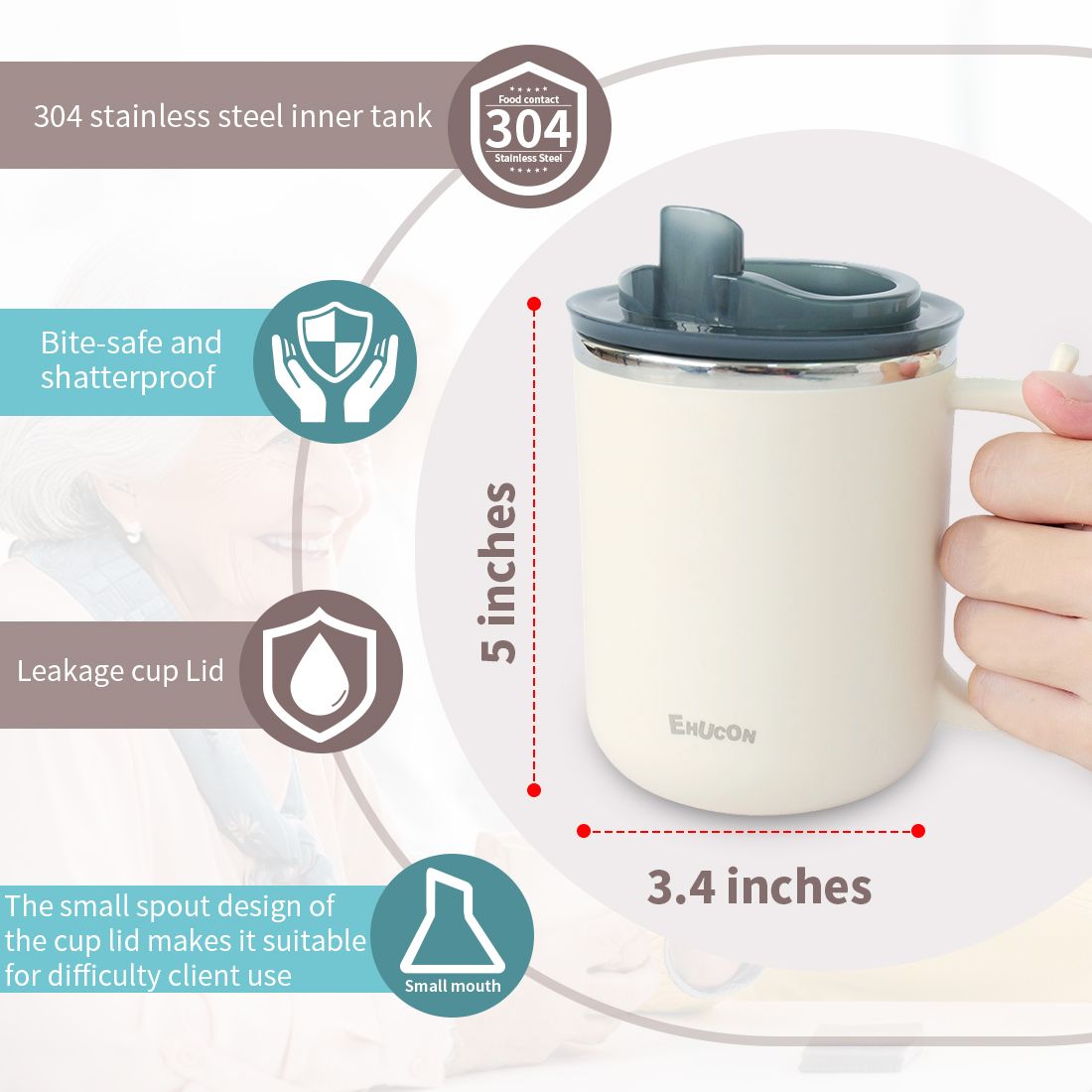 Ehucon Anti-Choking Drinking Cup with Adjustable Water Flow, Stainless Steel Inner Lid, Reusable Regulating Mug Dysphagia Cup
