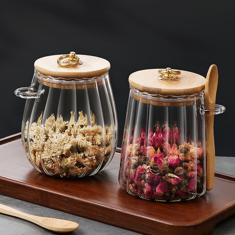 Glass Storage Jar with Lids/Spoons Multipurpose Portable Tea Coffee Jars Leakproof Food Sealed Containers for Home Kitchen