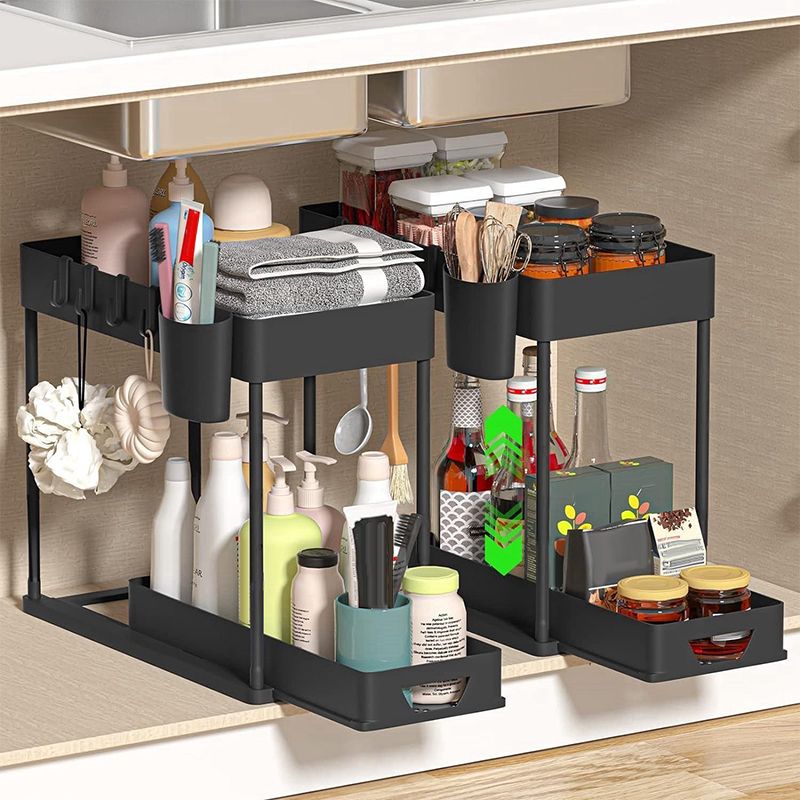 2 Tier Organizer Sliding Cabinet Basket Organizer Storage Rack With Hooks Hanging Cup Bathroom Kitchen Organizer Under Sink
