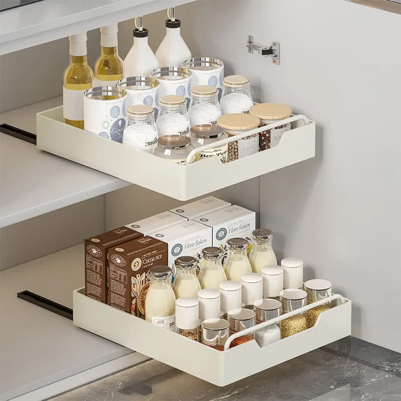 New Kitchen Storage Rack with Slide Rails Pull-out Kitchen Drawer Type Storage Tray Spice Box Storage Rack Cabinets Organizer
