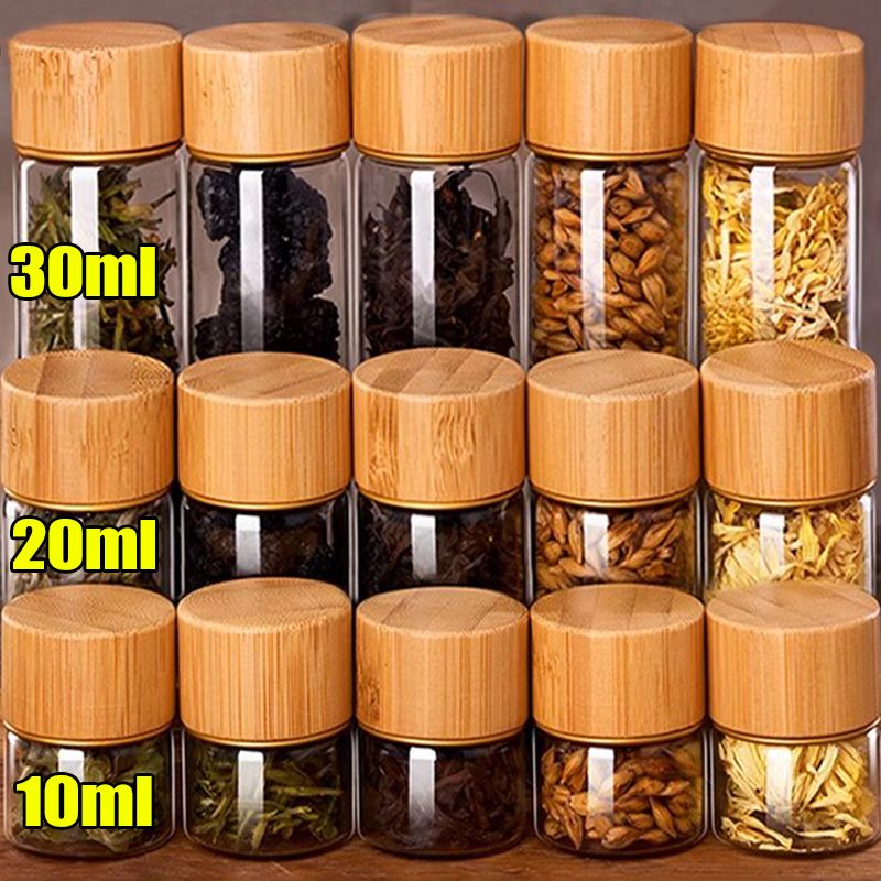 20/1PC Mini Glass Bottles Portable Coffee Beans Storage Container Tube Wood Lid Kitchen Sealed Canister Small Tea Spice Jars