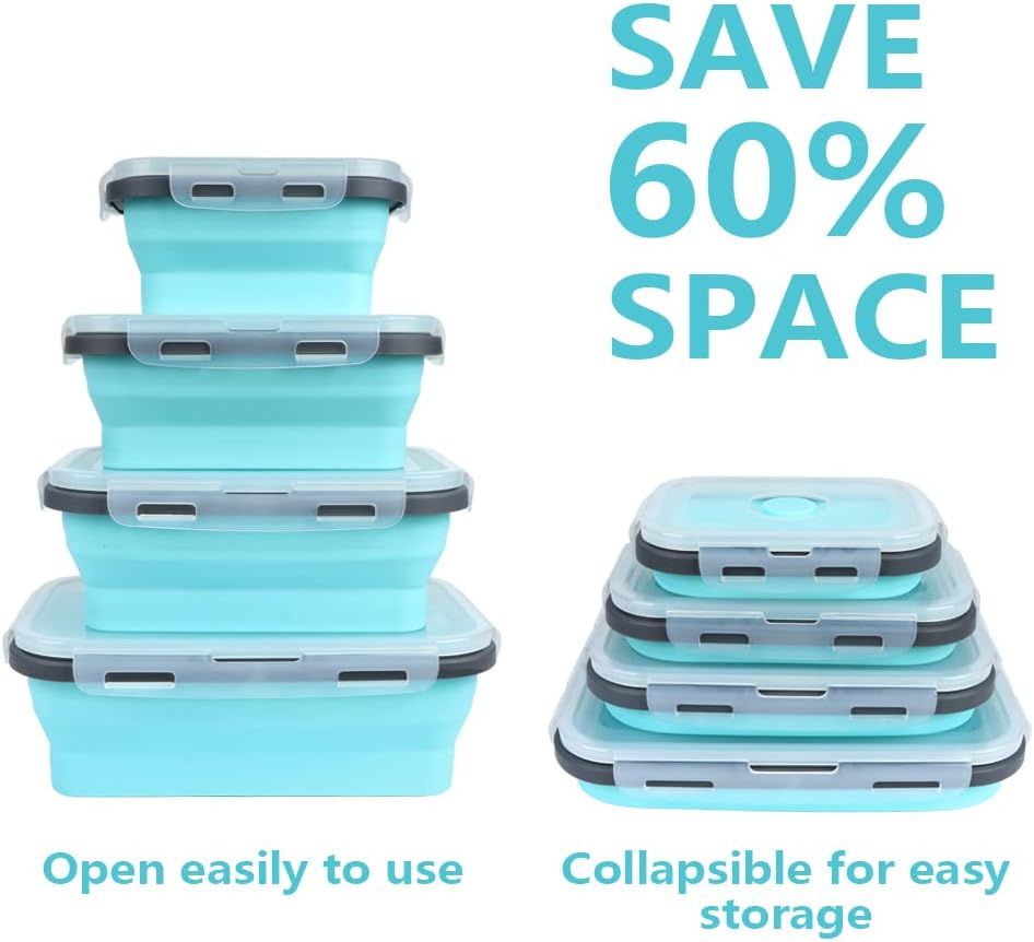 4PS Collapsible Food Storage Containers with Lids &amp; Vent,, Kitchen Stacking Silicone Collapsible Meal Prep Container Set for