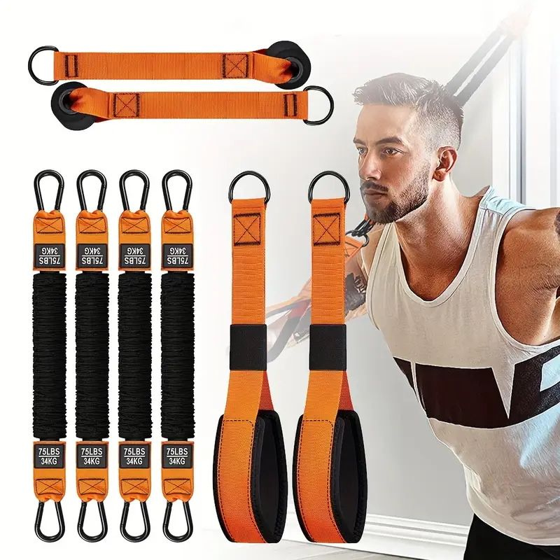 Home fitness equipment. A resistance band used for downward pressure and other exercises to shape your triceps, latissimus dorsi