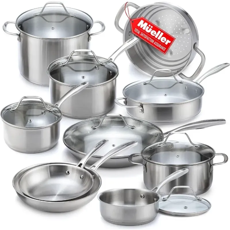 Pots and Pans Set 17-Piece, Ultra-Clad Pro Stainless Steel Cookware Set, Ergonomic and EverCool Stainless Steel Handle, and More