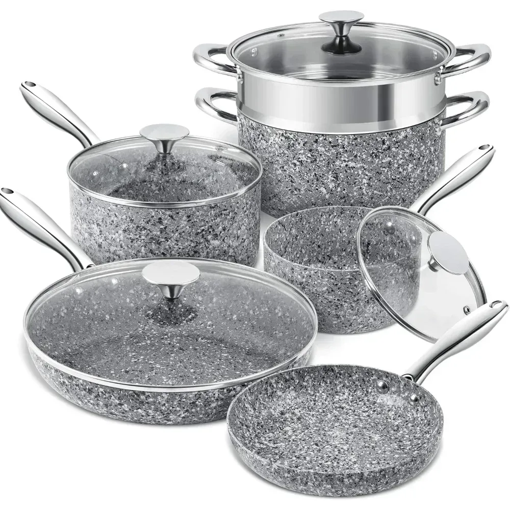 MICHELANGELO Pots and Pans Set 10 Piece, Cookware Set with Granite Coatings for Super Nonstick Result Essential Stone