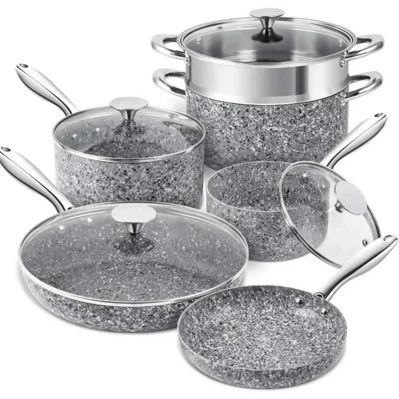 MICHELANGELO Pots and Pans Set 10 Piece, Cookware Set with Granite Coatings for Super Nonstick Result Essential Stone