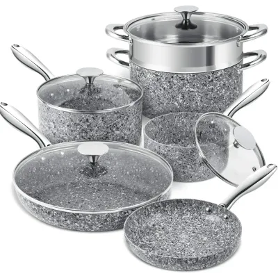 MICHELANGELO Pots and Pans Set 10 Piece, Cookware Set with Granite Coatings for Super Nonstick Result Essential Stone