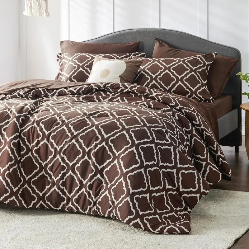 Full Comforter Set 7 Pieces – Brown Quatrefoil Comforters Full Size, Lightweight Bedding Sets for All Season, Bed in a Bag Full Comforter Set 7 Pieces – Brown Quatrefoil Comforters Full Size, Lightweight Bedding Sets for All Season, Bed in a Bag