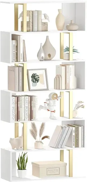 S Shaped Bookshelf 5-Tier, Geometric Bookcase Modern Wood Decorative Display Shelf Book Shelf , White S Shaped Bookshelf 5-Tier, Geometric Bookcase Modern Wood Decorative Display Shelf Book Shelf , White