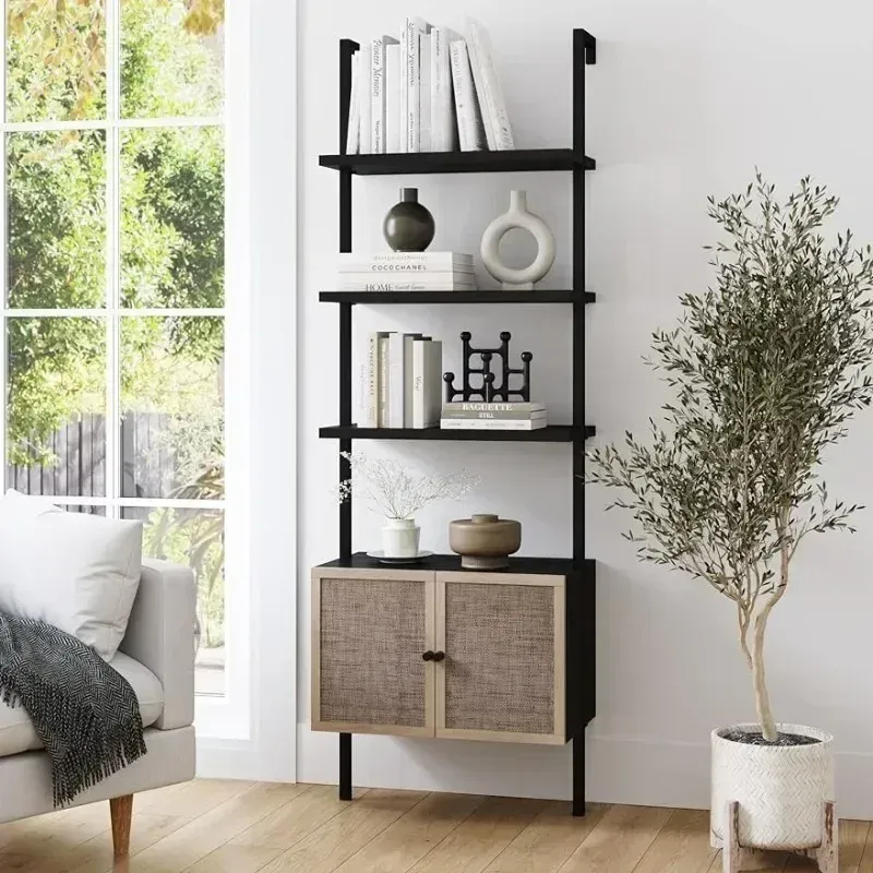 Modern Bookcase with Rattan Cabinet in Matte Black and Light Oak Finish with Matte Black Metal Frame for Living Room Modern Bookcase with Rattan Cabinet in Matte Black and Light Oak Finish with Matte Black Metal Frame for Living Room