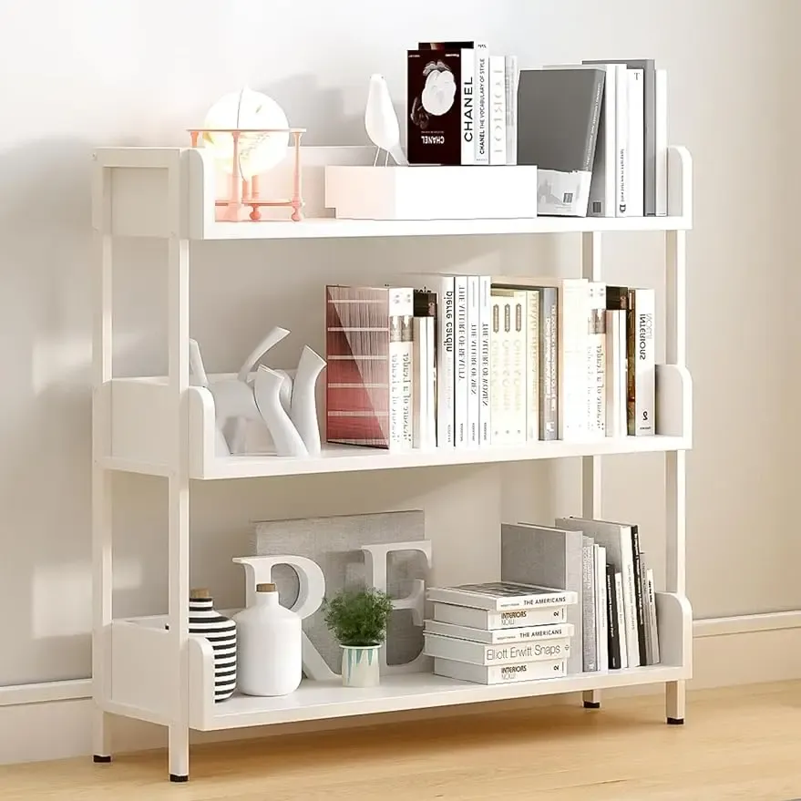 Wide Open Shelf Bookcase – Modern 3-Tier Floor Standing Display Bookshelf with Top Edge and Metal Frame for Home and Office