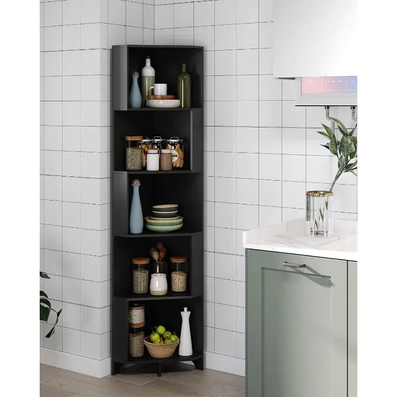 Yusong Bookshelf Corner Shelf Bookcase, Wooden 5-Tier Book Shelves Display Cabinet for Living Room,Bedroom,Bathroom, Black Yusong Bookshelf Corner Shelf Bookcase, Wooden 5-Tier Book Shelves Display Cabinet for Living Room,Bedroom,Bathroom, Black