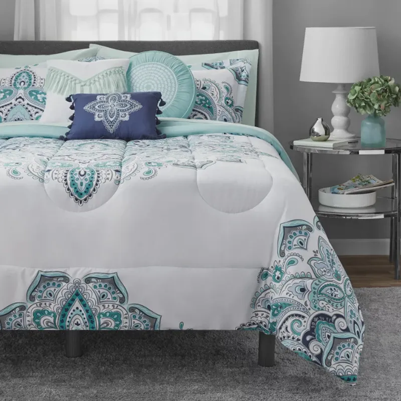 Teal Medallion 10 Piece Bed in a Bag Comforter Set with Sheets