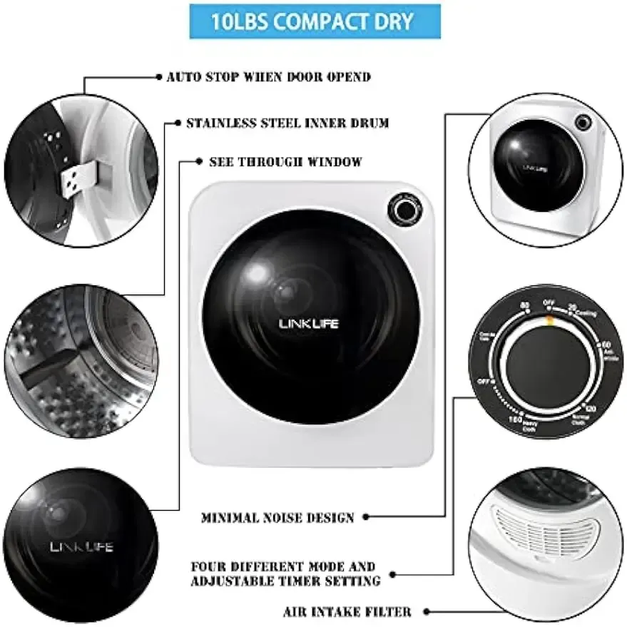 11 lbs 2.6 cu.f Electric Portable Clothes Dryer – LINKLIFE Portable Tumble Clothes Laundry Dryer, Stainless Steel Drum