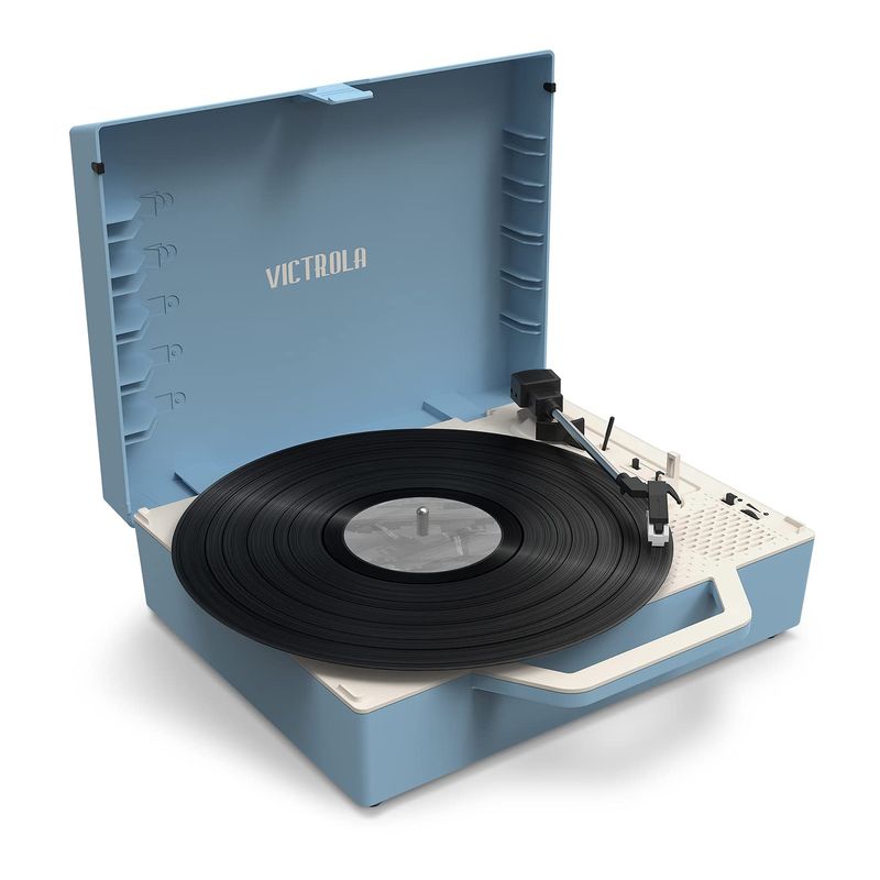Victrola Re-Spin – Sustainable Suitcase Vinyl Record Player, 3-Speed (33 1/3, 45 &amp; 78 RPM), 3.5mm Headphone Jack (Light Blue)