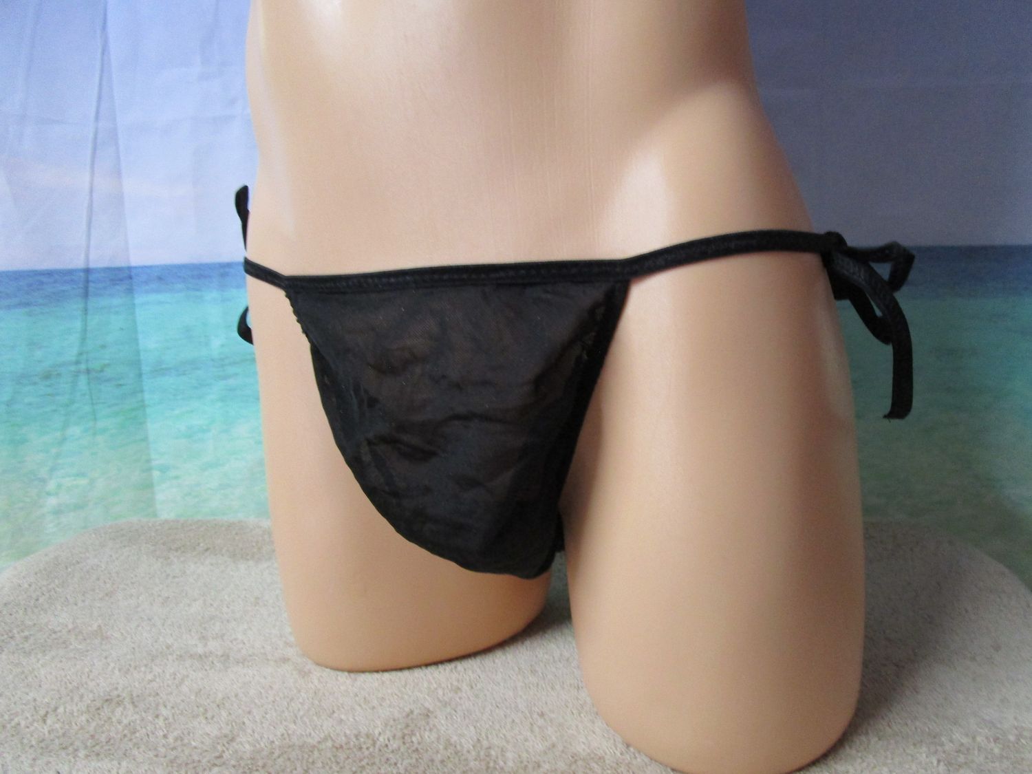 Black Semi Sheer Power Mesh Man Classic String Tie Bikini Panty, Fits Hips 36-39&quot;
