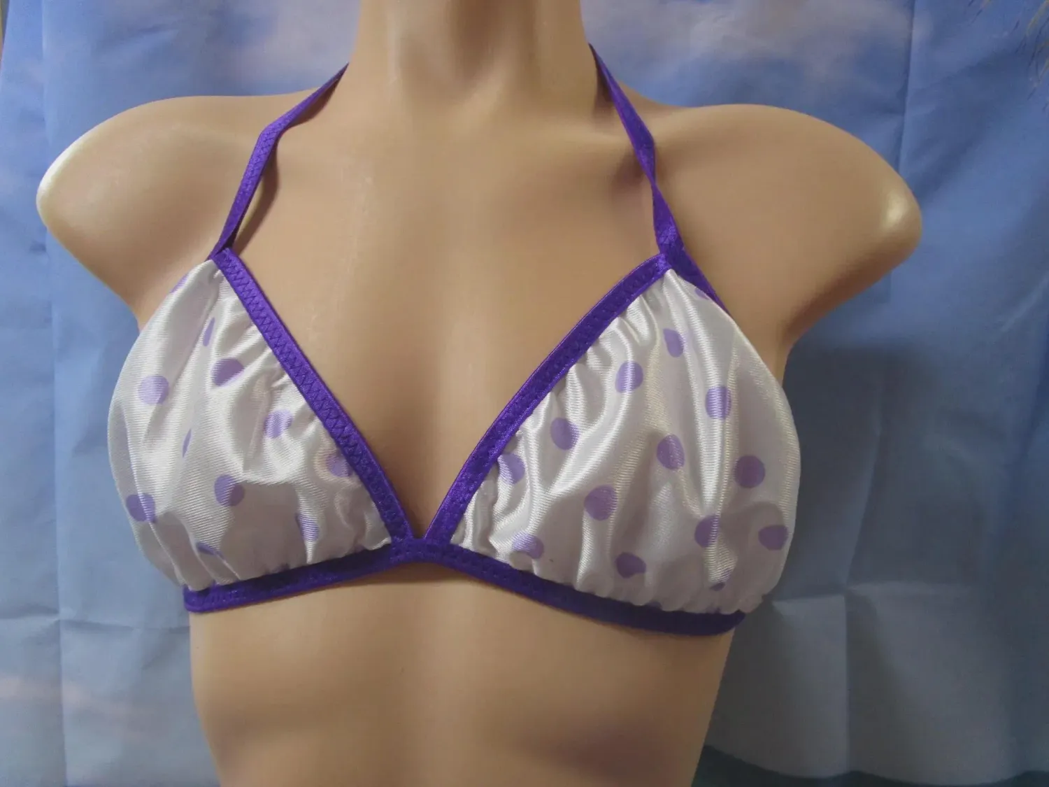 White w/Lavender Polka Dot Nylon Tricot Halter Tie String Bralette, Fits Size M 36-39&quot; Band
