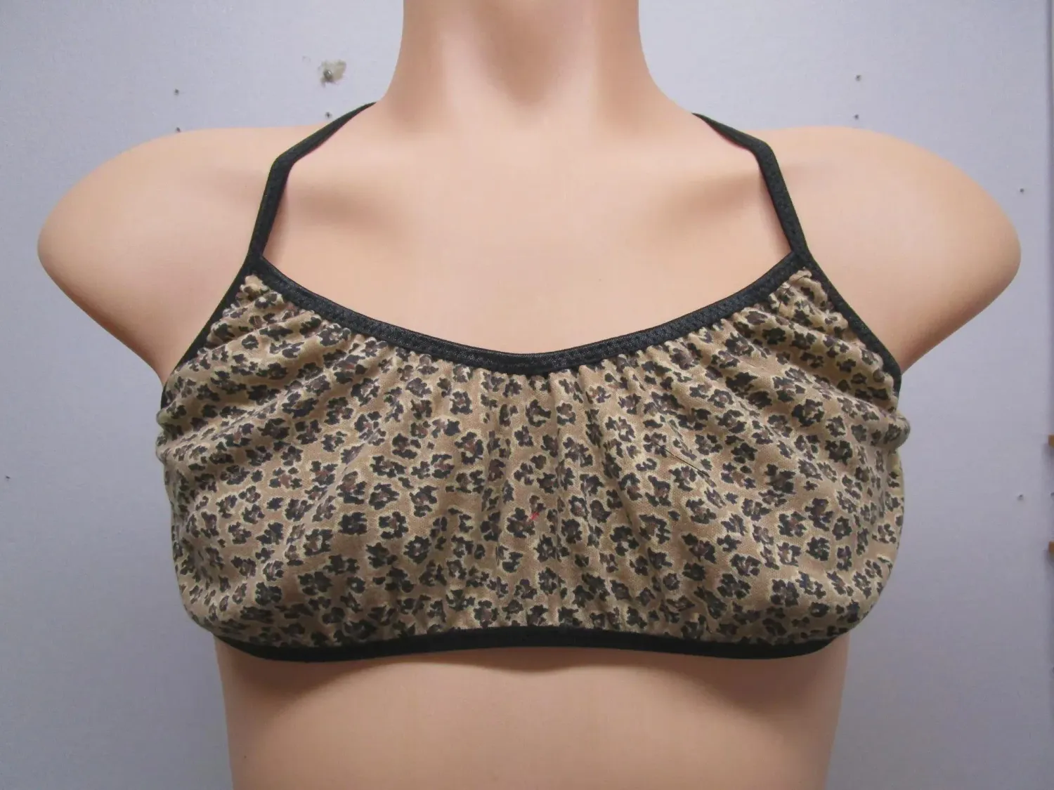 Brown Leopard Print Cotton Knit Training  Bra, Black Trim, Fits Size M 36-39&quot; Band