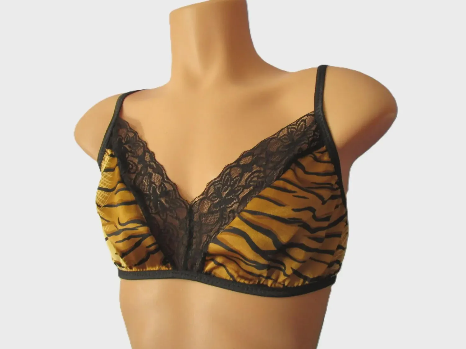 Tiger Print Satin Bralette, Lace Trim, Hook &amp; Eye Back, Fits Size M 36-39&quot; Band