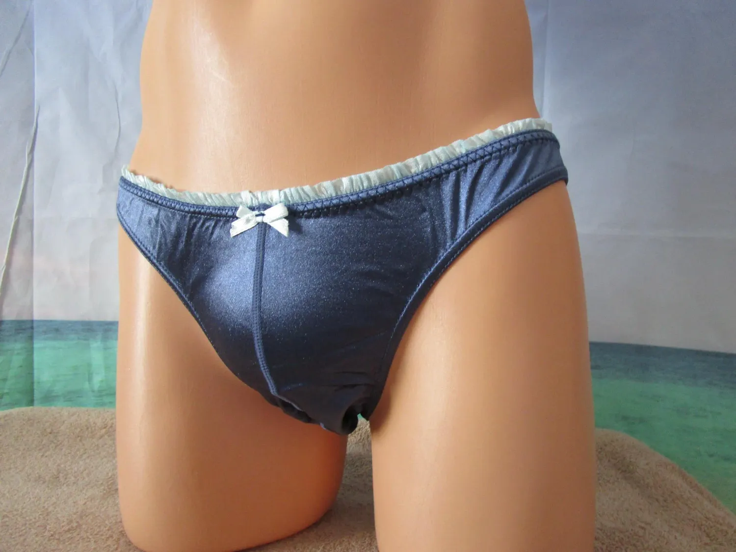 Satin Spandex Bikini, Tanga Cheeky Rear Panty, Medium Contoured Front, with Trim, Fits 36-38&quot; Hips
