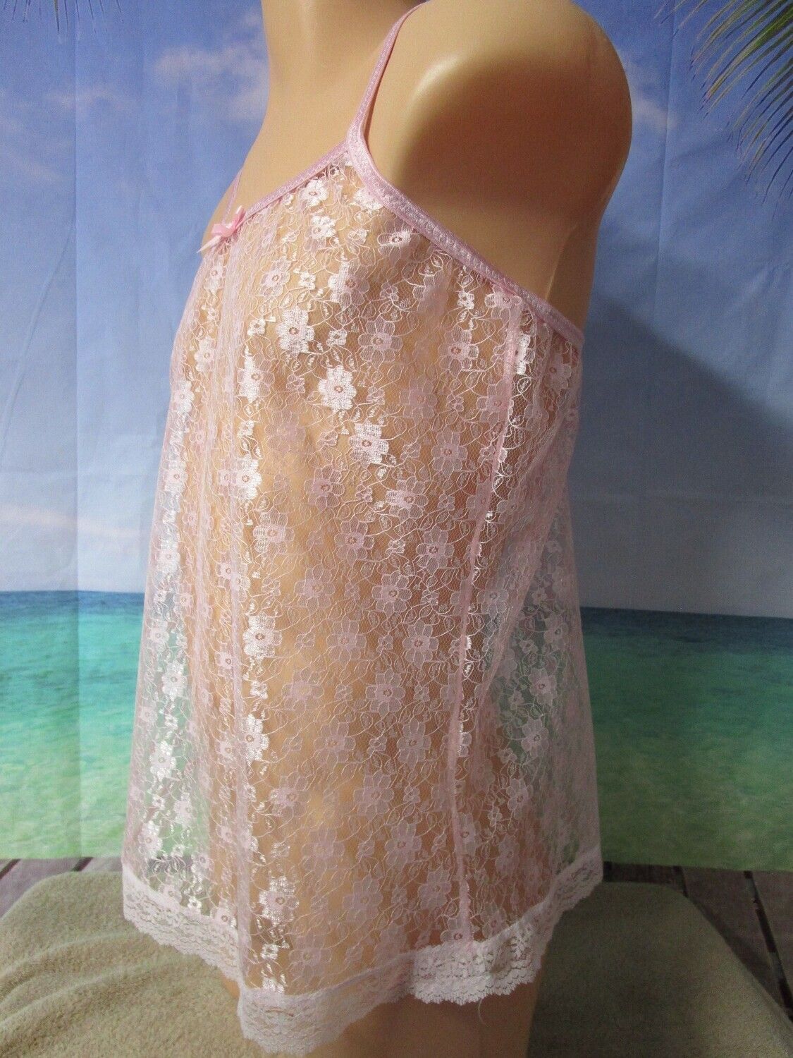 Light Pink - Semi Sheer Silky Sheer Lace Camisole Top, Fits Size S 32-35&quot; Bust