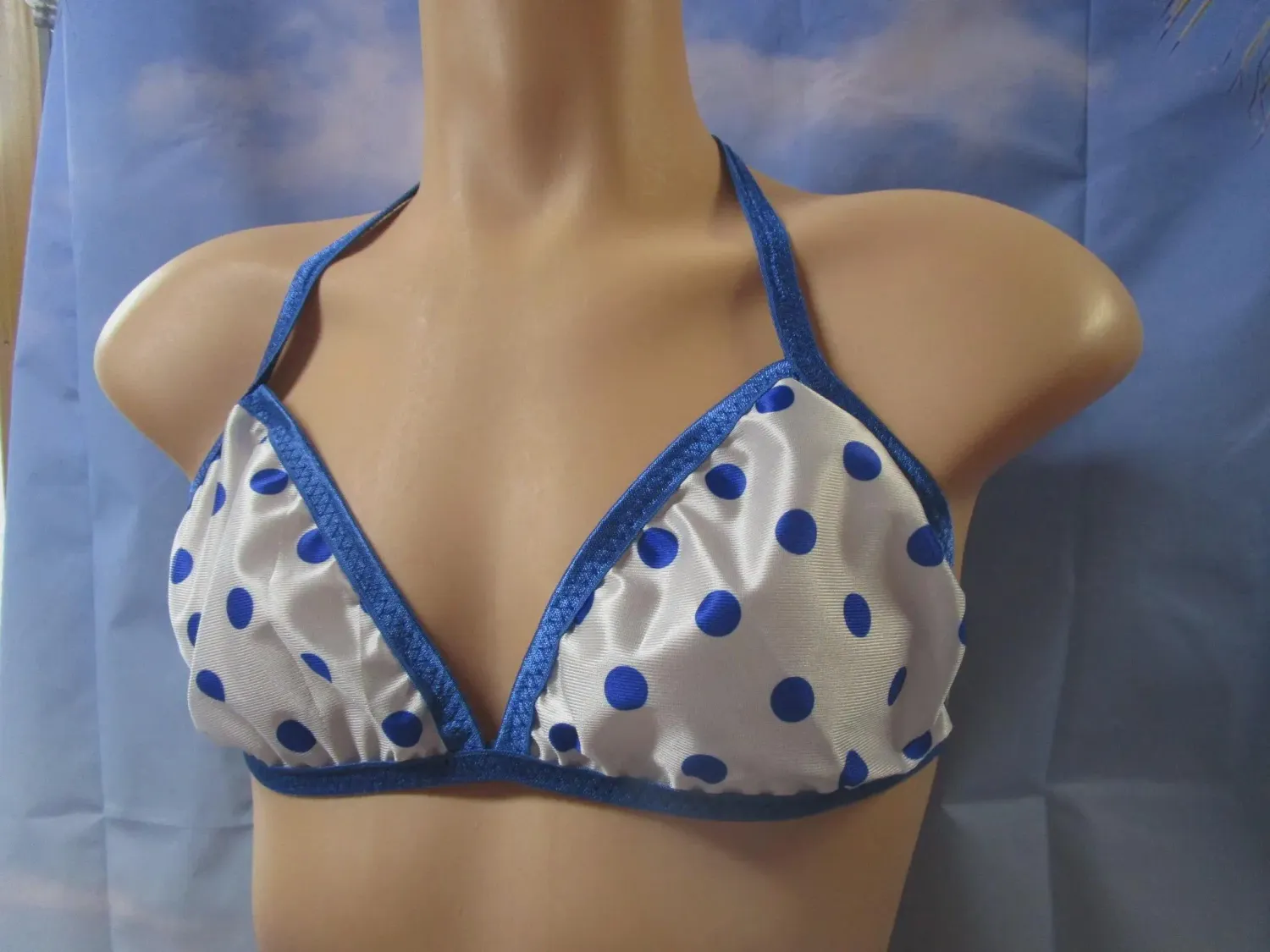 White w/Royal Blue Polka Dot Nylon Tricot Halter Tie String Bralette, Fits Size M 36-39&quot; Band