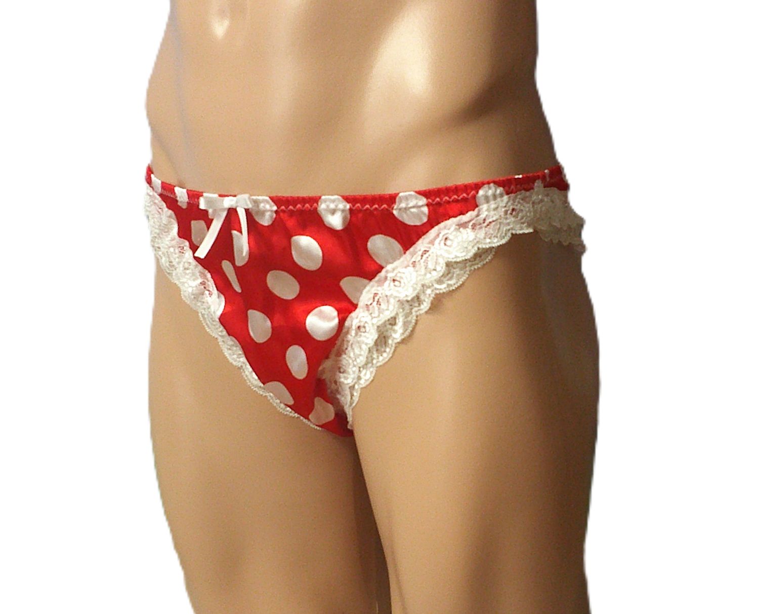 Red w/1&quot; White Polka Dot Satin, Bikini, 2 Layer Lace Trim, Size XS 28-31&quot; 