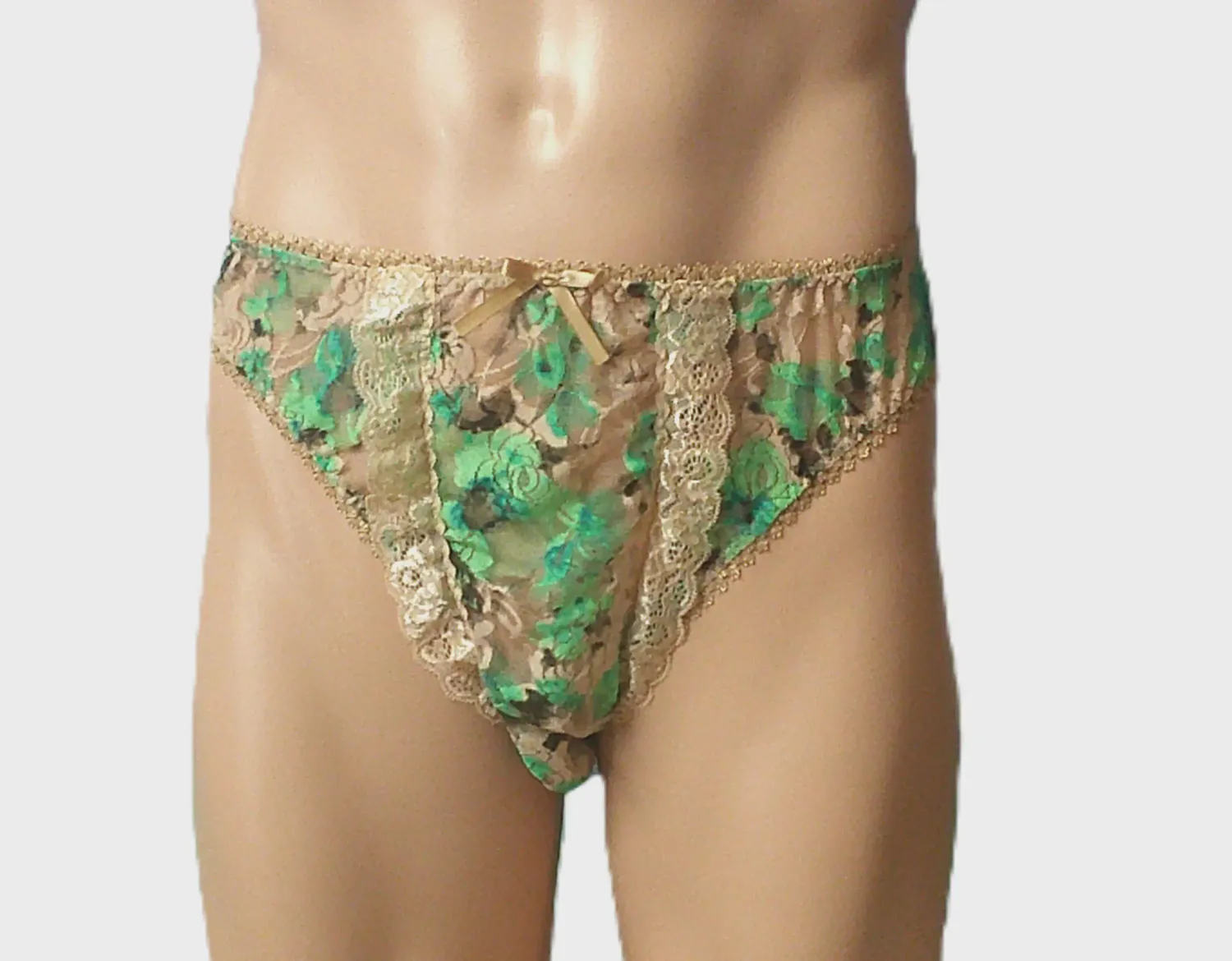 Green Floral Lace French Cut, Medium Man Front, Picot &amp; Lace Trim