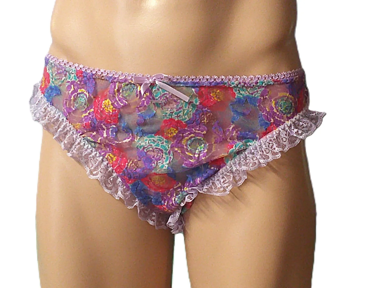 Purple Floral Lace Print Classic Bikini, Medium Front, Picot Trim, Fits Size XL 44-47&quot;