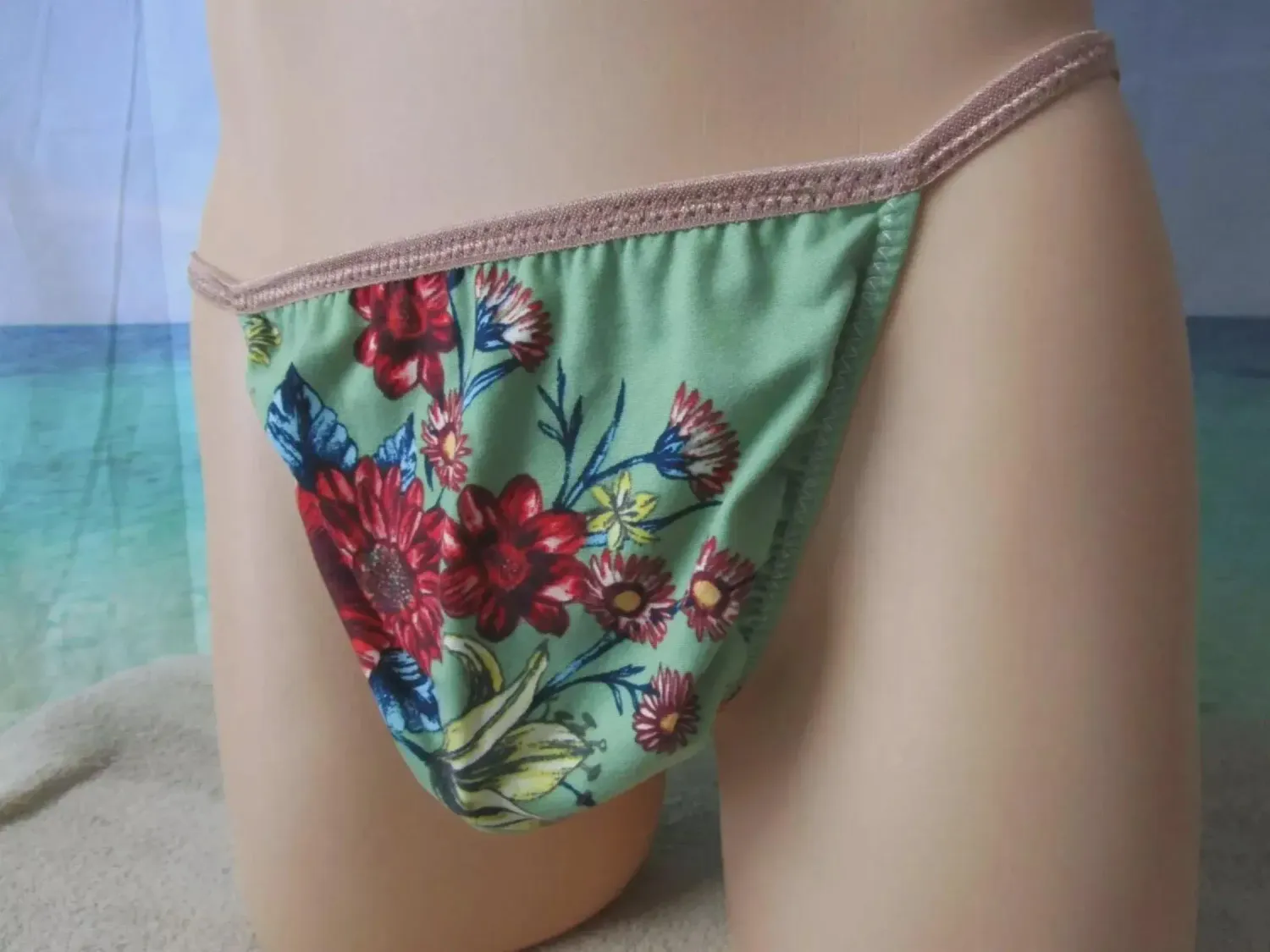 Green Floral Brushed Knit Classic Rear String Bikini Med Front, Size XL